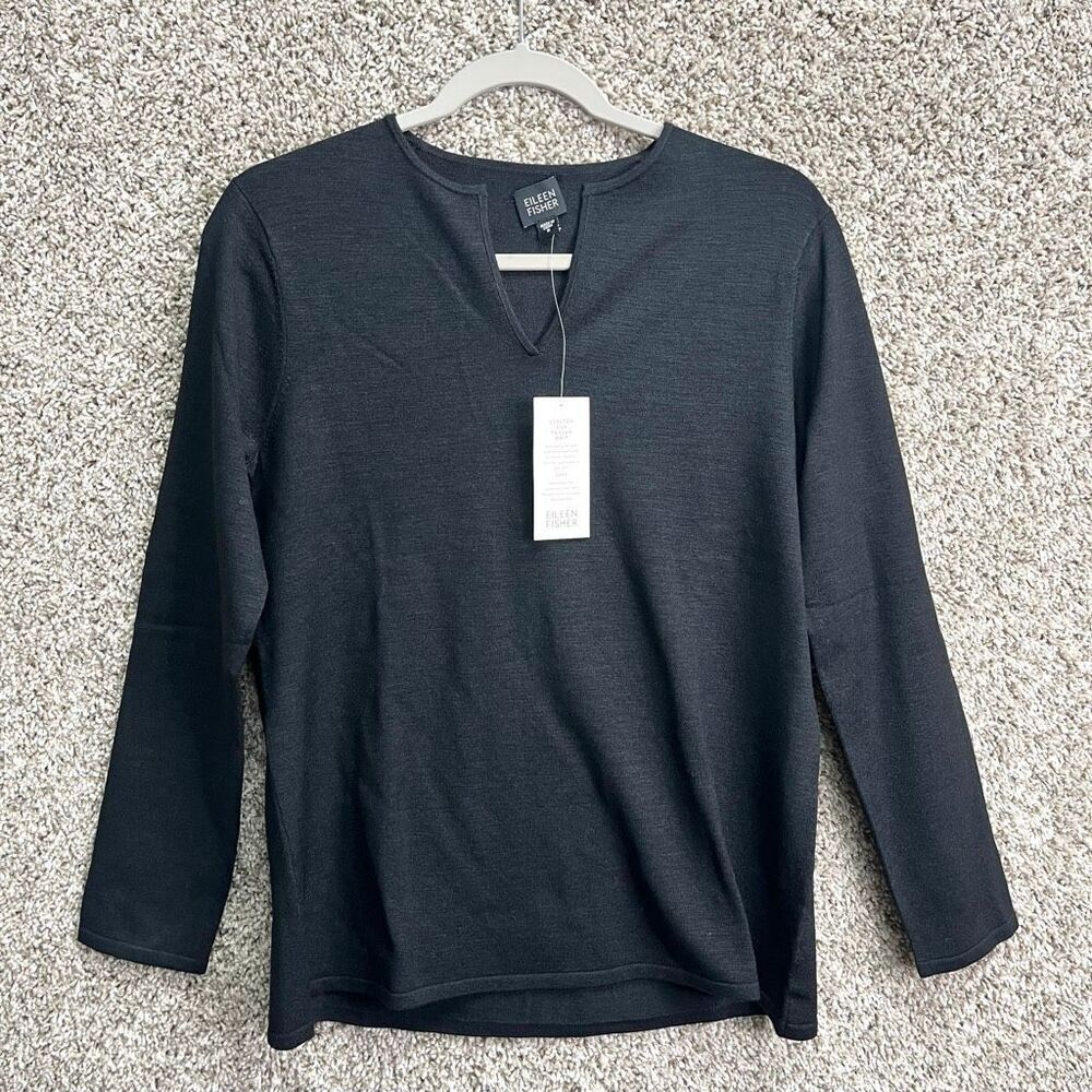 Eileen Fisher Top Women's Small Black Stretch Silk Tussah Knit Split V-Neck NWT